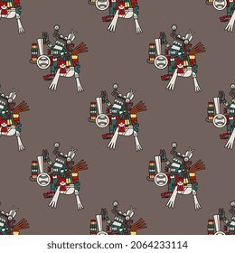 Seamless ethnic pattern with ancient Mexican gods of Aztec Indians. Codex style. Native American indigenous art.