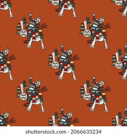 Seamless ethnic pattern with ancient Mexican gods of Aztec Indians. Codex style. Native American indigenous art.