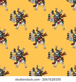 Seamless ethnic pattern with ancient Mexican gods of Aztec Indians. Codex style. Native American indigenous art. On yellow background.