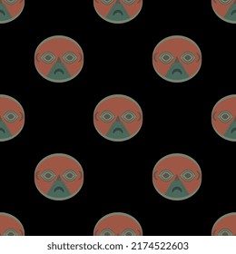 Seamless ethnic pattern with ancient Peruvian masks from Chincha Ica. Native American Indian art of pre Columbian Peru. On black background.