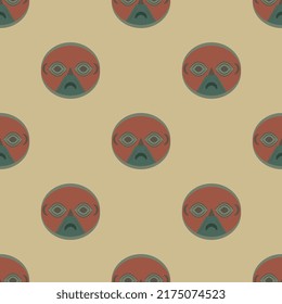 Seamless ethnic pattern with ancient Peruvian masks from Chincha Ica. Native American Indian art of pre Columbian Peru. On yellow background.