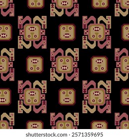 Seamless ethnic pattern with ancient Peruvian Native American motifs. Indigenous design from Recuay textile. Andean culture. On black background.