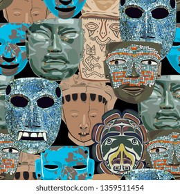 Seamless ethnic pattern with ancient tribal masks of American Indians.
