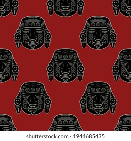 Seamless ethnic pattern with Aztec sculpture heads. Native American art.