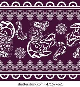 Seamless ethnic pattern background. Flowers, fish, buta. Retro design.