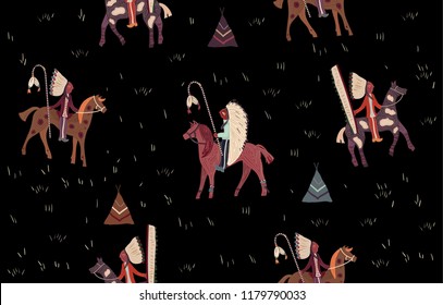 Seamless ethnic pattern. Background in navajo style. Riders on a black background