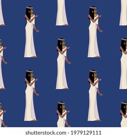 Seamless ethnic pattern with beautiful ancient Egyptian ladies.