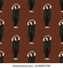Seamless ethnic pattern with beautiful ancient Greek women. Vase painting style. On maroon brown background.