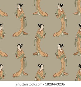 Nahtlose ethnische Muster mit schönen japanischen Frauen. Traditioneller Retro-Stil.