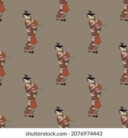 Patrón étnico sin foco con hermosas mujeres japonesas en kimono. Estilo tradicional vintage. Sobre fondo gris.