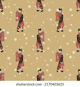 Seamless ethnic pattern with beautiful Japanese women and snowflakes. Seasonal winter design. On yellow background.