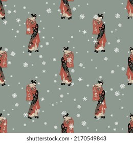 Seamless ethnic pattern with beautiful Japanese women and snowflakes. Seasonal winter design. On gray background.