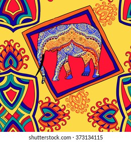  Seamless ethnic pattern. Beautiful tribal pattern.  ethnic background. Pattern with elephants.