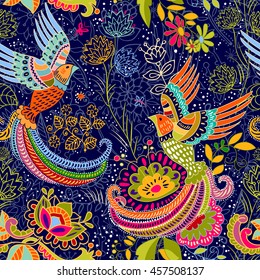 Seamless ethnic pattern with birds. Colorful floral backdrop