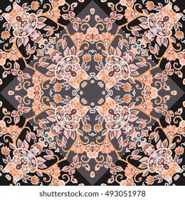 Seamless ethnic pattern in black, brown, orange and grey colors with beautiful birds and flowers. Beautiful vector illustration. Bandana print. Lovely tablecloth.