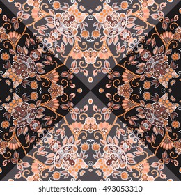 Seamless ethnic pattern in black, brown, orange and grey colors with beautiful birds and flowers. Vector illustration. Can be used for cards, bandana prints, kerchief design, tablecloths and napkins.