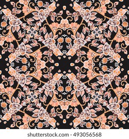 Seamless ethnic pattern in black, brown, orange and grey colors with cartoon birds and flowers. Vector illustration. Can be used for cards, bandana prints, kerchief design, tablecloths and napkins.