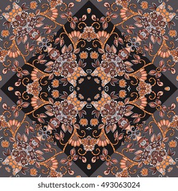 Seamless ethnic pattern in black, brown, orange and grey colors with beautiful birds and flowers. Vector illustration. Bandana print.  Tablecloth.