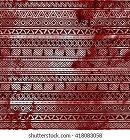 Seamless ethnic pattern. Black geometric lines on red watercolor background. Vector illustration. Handmade.