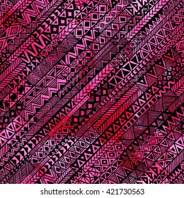 Seamless ethnic pattern. Black geometric lines on pink watercolor background. Vector illustration. Handmade.