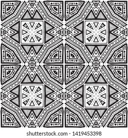 Seamless ethnic pattern. Black and white vector illustration. Drawing by hand