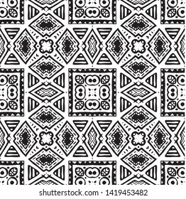 Seamless ethnic pattern. Black and white vector illustration. Drawing by hand