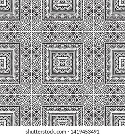 Seamless ethnic pattern. Black and white vector illustration. Drawing by hand