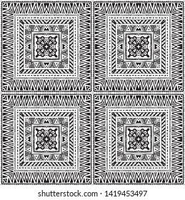 Seamless ethnic pattern. Black and white vector illustration. Drawing by hand