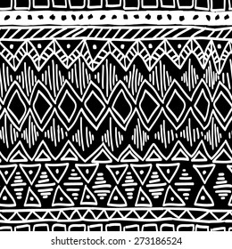 Seamless ethnic pattern. Black and white vector illustration.