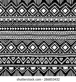 Seamless ethnic pattern. Black and white vector illustration. Drawing by hand.