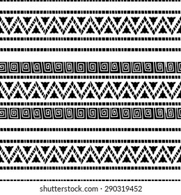 Seamless ethnic pattern. Black and white vector illustration. Striped background.