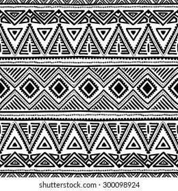 Seamless ethnic pattern. Black and white vector illustration. Drawing by hand.