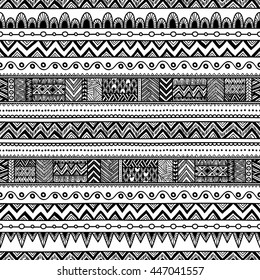 Seamless ethnic pattern. Black and white geometric ornament. Vector illustration drawn by hand.