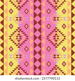 Seamless ethnic pattern blending Navajo and Aztec designs in vibrant yellow and pink tones. Intricate geometric motifs perfect for home decor, wallpapers, textiles, rugs, bohemian projects