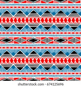 Seamless ethnic pattern. Blue, red, black and white colors. Handmade. Striped summer print. Aztec and tribal motifs. Vector illustration.