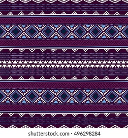 Seamless ethnic pattern. Blue, white and purple elements. Horizontal stripes. Tribal motifs. Vector illustration.