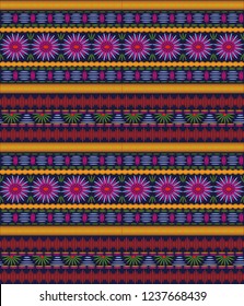 Seamless ethnic  pattern with bright embroidered horizontal stripes on a dark background