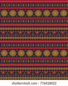 Seamless ethnic  pattern with bright embroidered horizontal stripes on a dark background