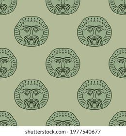 Seamless ethnic pattern with Celtic masks of god Belenus. Bearded male face.