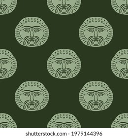 Seamless ethnic pattern with Celtic masks of god Belenus. Bearded male face.