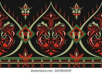 Padrão étnico perfeito em vermelho chili, verde sábio e rosa avermelhado. Perfeito para tecido, vestuário, bordas e artesanato cultural com estilo folk ornamental.