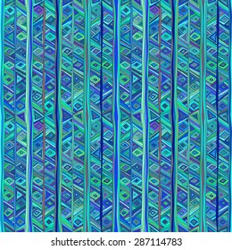 Seamless ethnic pattern. Classic folk motifs in blue tones, triangles and stripes.