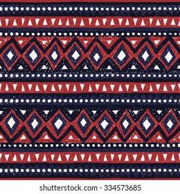 Seamless ethnic pattern. Colorful geometric vector ornament. Blue red and white colors. Handmade.