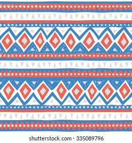 Seamless ethnic pattern. Colorful geometric vector ornament. Blue, pink and white colors. Handmade.