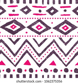 Seamless ethnic pattern. Cute vintage print. White, purple and pink colors. Vector illustration.