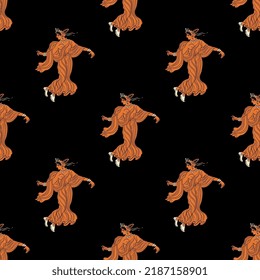 Seamless ethnic pattern with dancing ancient Greek women. Vase painting style. Orange and white silhouettes on black background.