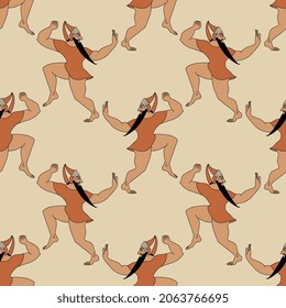 Seamless ethnic pattern with dancing bearded ancient Etruscan men. 