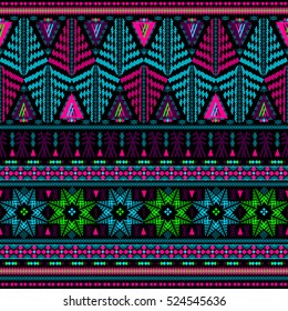 Seamless ethnic pattern. Decorative ornament, geometric elements for fabric, textile, web design, wrapping paper. Grunge neon texture background. Wallpaper for boys and girls