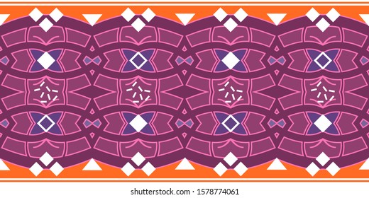 Seamless ethnic pattern, decorative trim, braid, piping in lilac, purple and orange color palette. Vector illustration