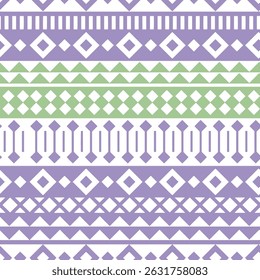 seamless ethnic pattern design. Vector purple and green folk seamless Aztec ornament, tribal art on white background.